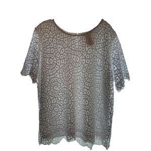 Philosophy Blouse White Lace Lined Scalloped Hem Fringe Keyhole Neck Sz XXL D011